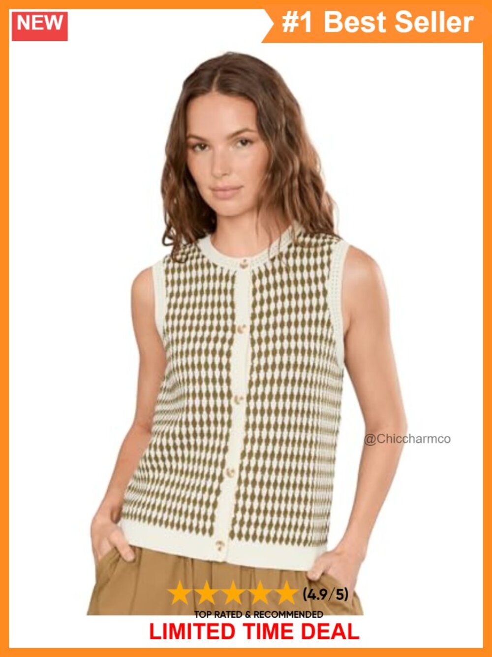 Mid-Weight Stretch Knit Ribbed Trim Geometric Sweater Vest Sleeveless Crew Neck